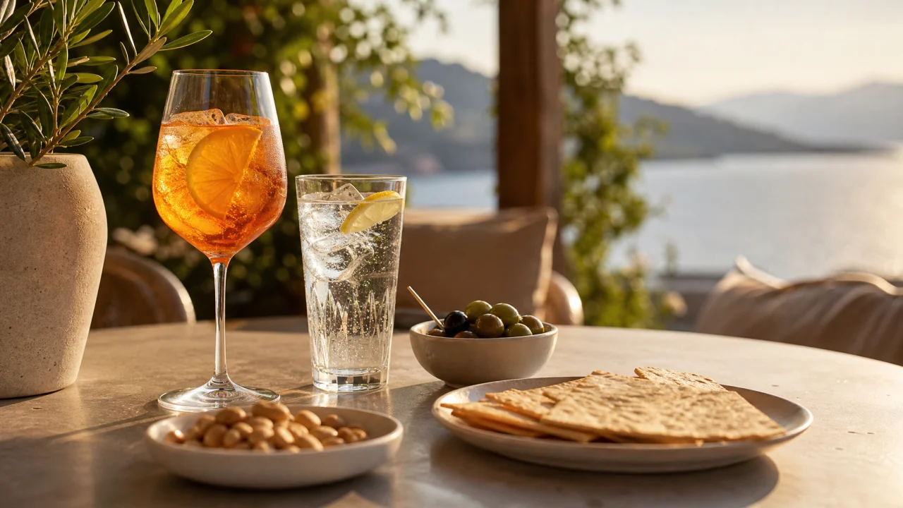 Aperitivo estivo con acqua e drink serviti insieme