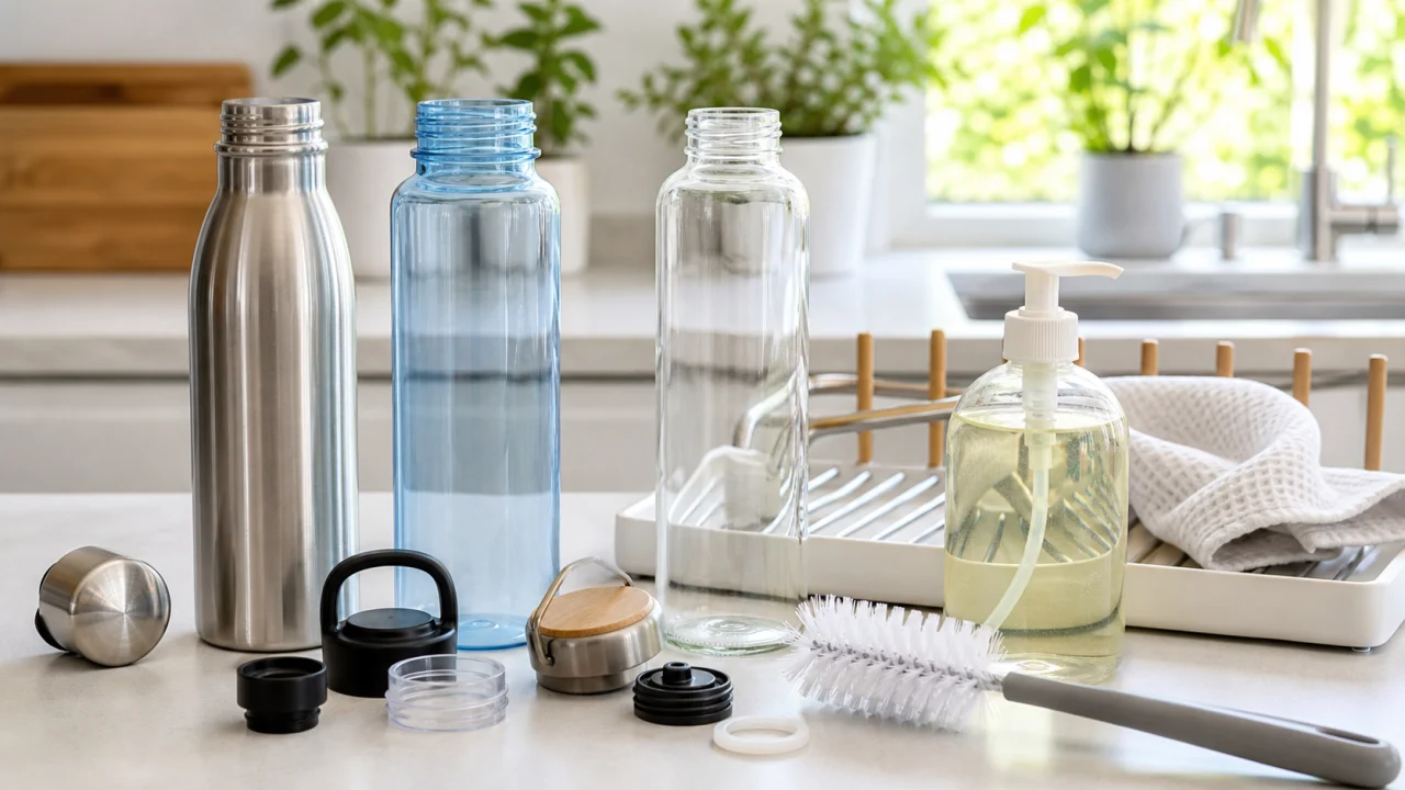 Borracce in acciaio inox plastica e vetro con scovolino e parti smontate su piano pulito.