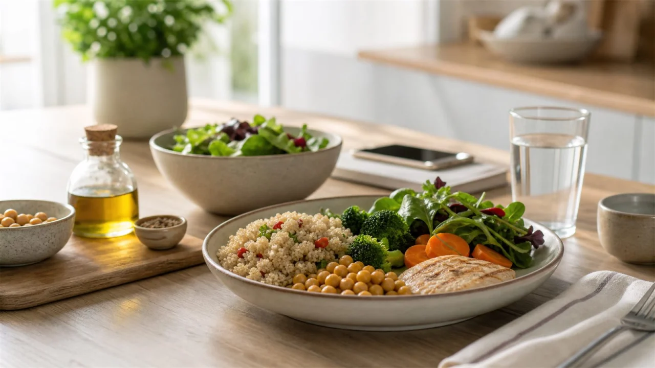 Un piatto bilanciato con verdure, cereali integrali e proteine aiuta a comporre pasti più sazianti