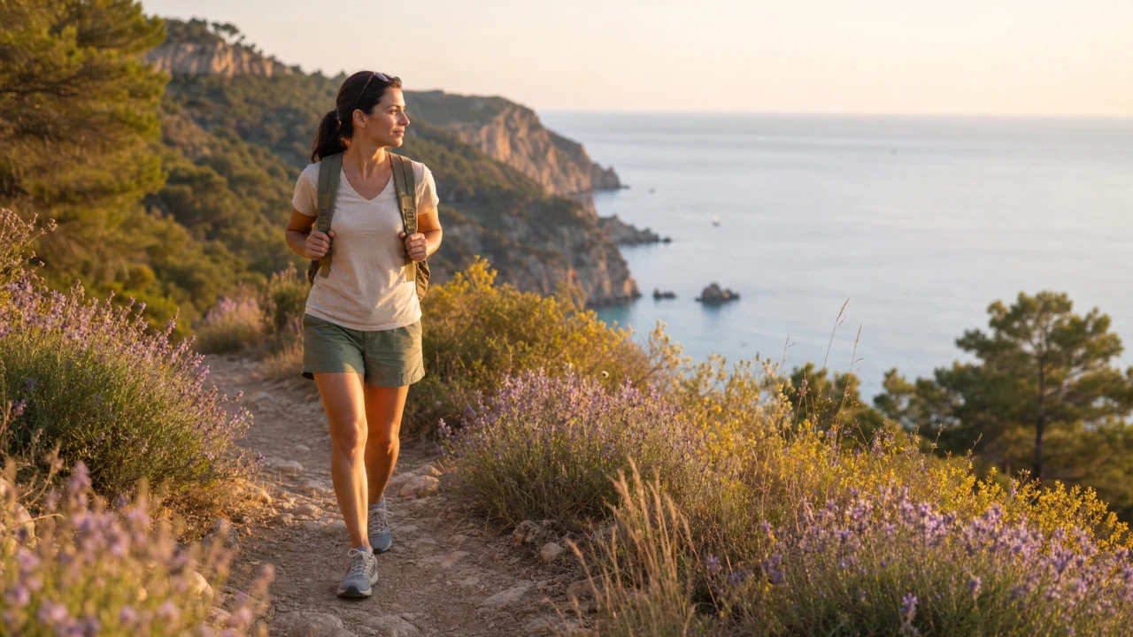 Due viaggiatori con zaini leggeri camminano su un sentiero naturale in una giornata luminosa.