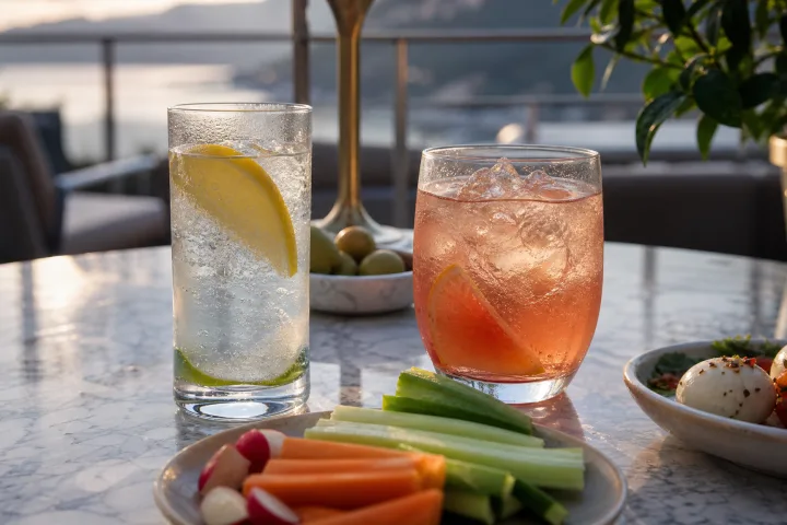 aperitivo estivo con drink leggero e acqua frizzante