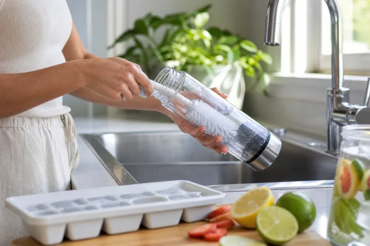 borraccia pulita con spazzolino, ghiaccio e ingredienti per acqua aromatizzata