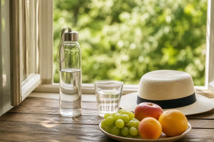 acqua frutta e cappello all'ombra per prevenire malesseri da caldo