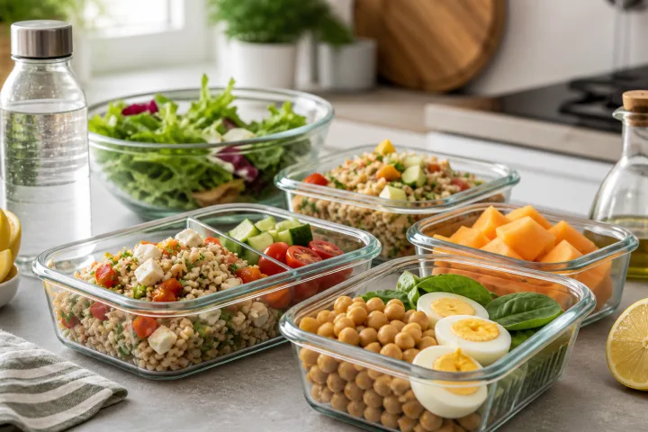 piatto estivo fresco con verdure, cereali e proteine leggere