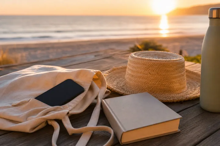 smartphone spento in una borsa estiva con libro e borraccia