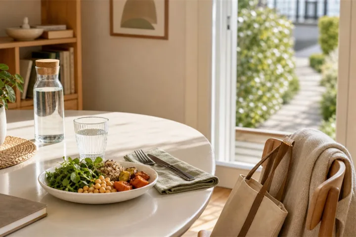 camminata leggera dopo pranzo con pranzo bilanciato e acqua