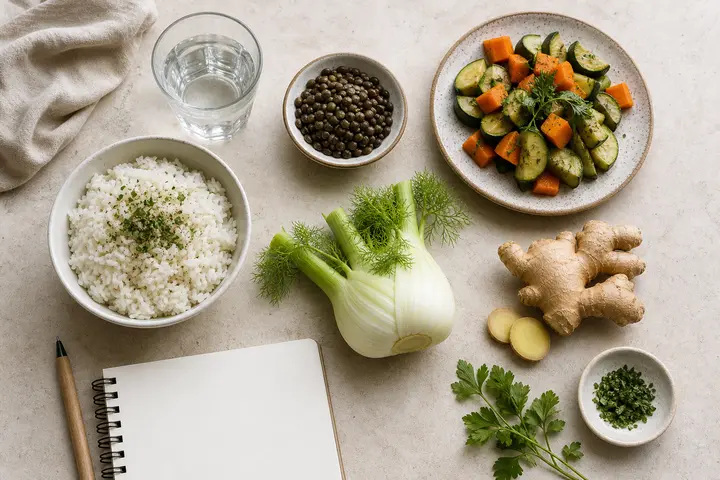 ingredienti estivi per pasti digeribili con finocchio zucchine riso legumi erbe e acqua