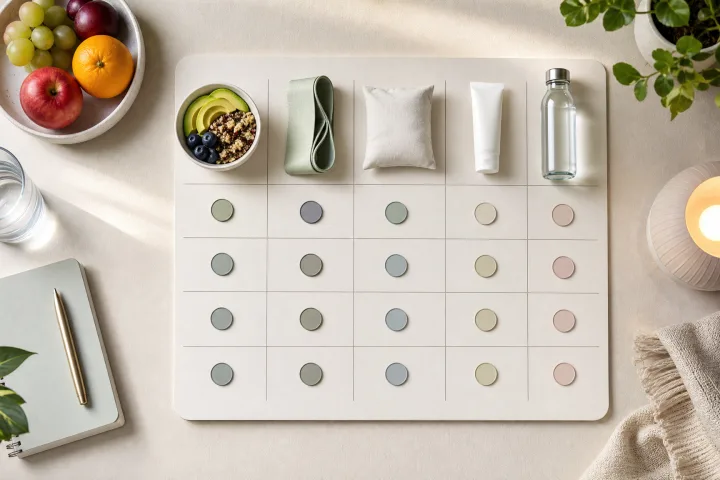 planner settimanale con acqua, frutta, crema solare e accessori per il movimento