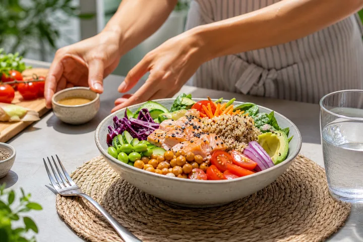 poke e insalata fresca con condimento servito a parte