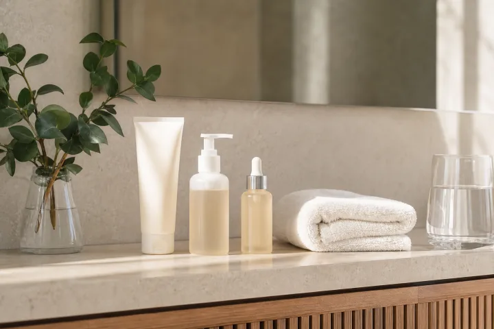 prodotti skincare estivi essenziali su mensola luminosa