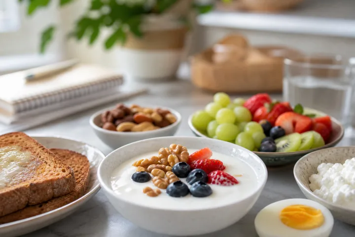 colazione bilanciata con yogurt frutta pane e proteine