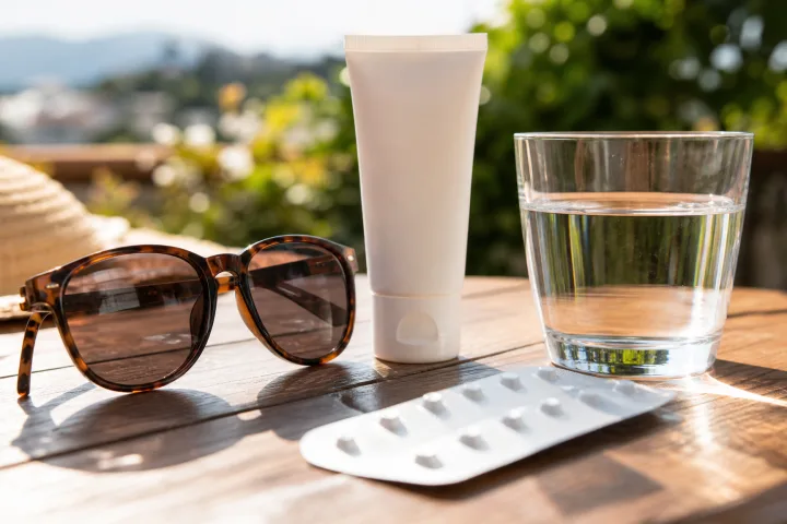 sunscreen, occhiali e medicinali senza etichette su un tavolo estivo