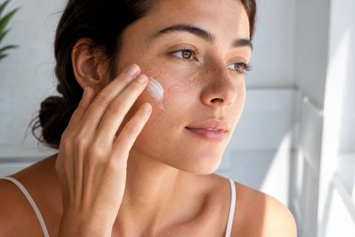 applicazione di una protezione solare viso leggera vicino a una finestra