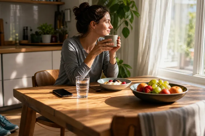 colazione leggera con acqua e luce naturale per una routine di fine maggio