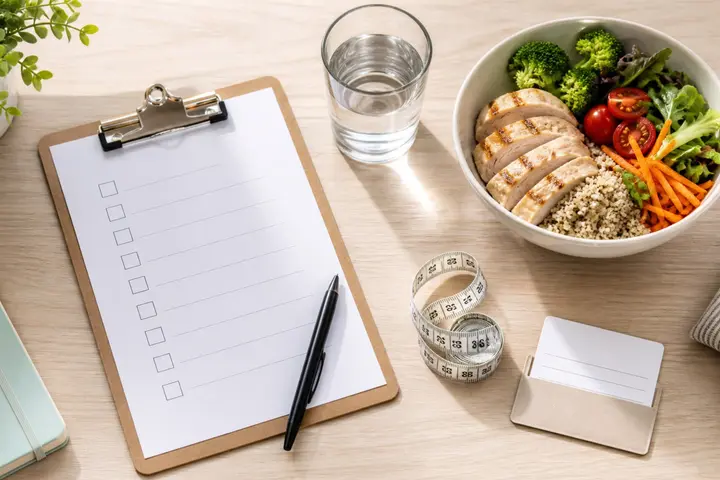 scrivania con checklist sanitaria, acqua, pasto equilibrato e scarpe da cammino