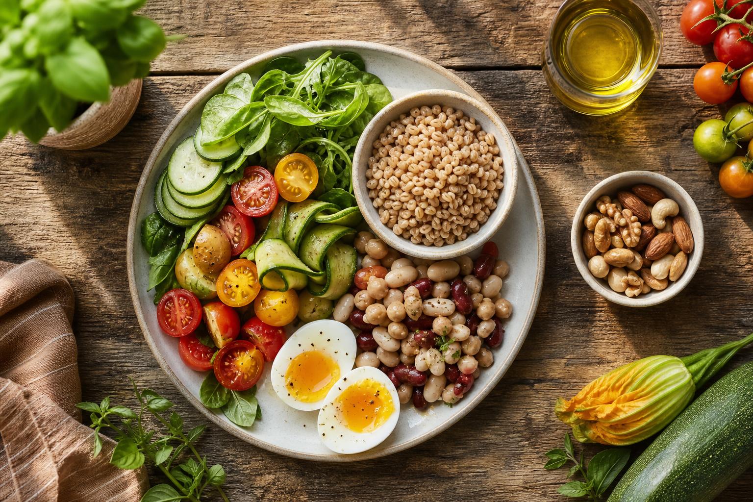 componenti di un piatto unico estivo con verdure cereali proteine e grassi buoni