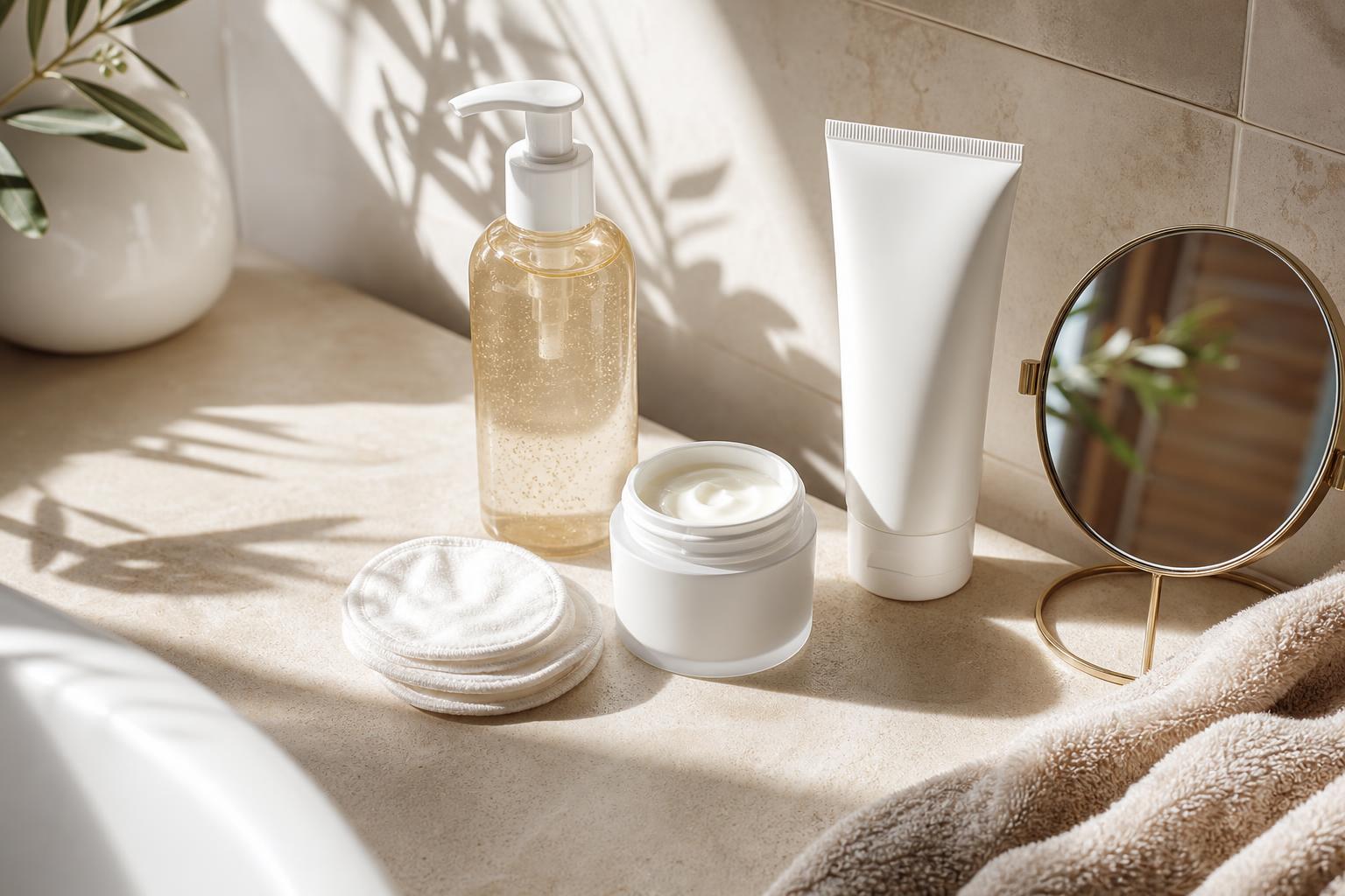 routine skincare leggera con detergente delicato crema viso e protezione solare per pelle lucida con il caldo