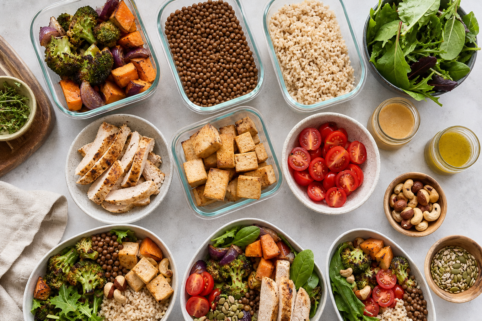 basi per meal prep con cereali verdure proteine e condimenti in contenitori riutilizzabili