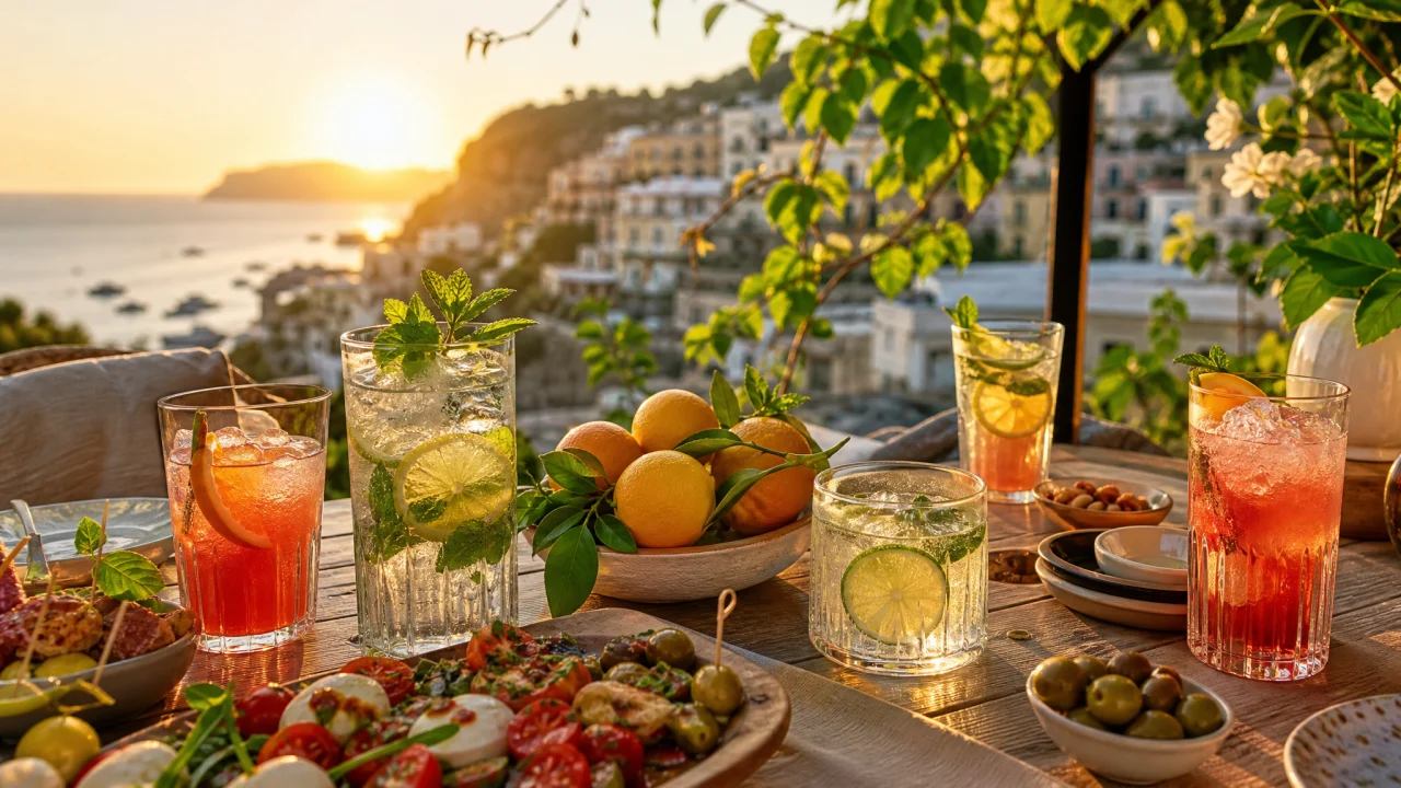 Bicchieri con mocktail estivi analcolici, agrumi, menta, ghiaccio e snack su una terrazza al tramonto.