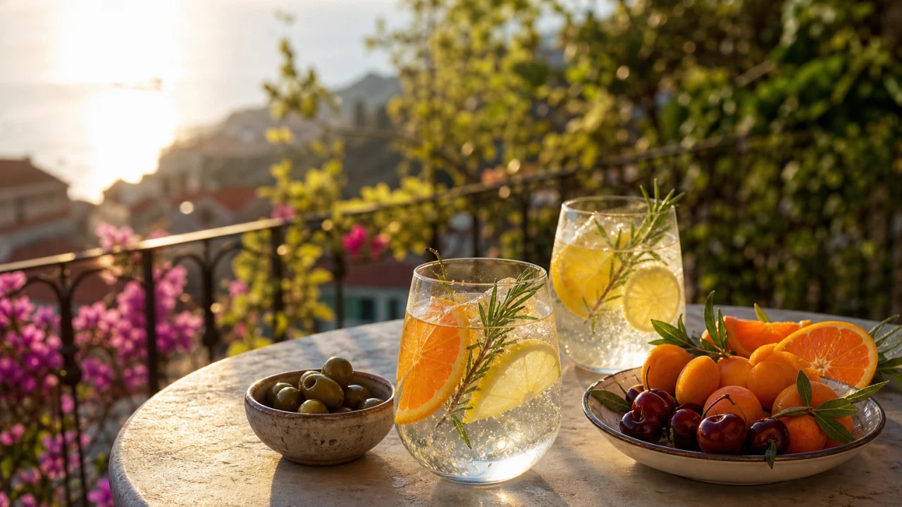 Aperitivo analcolico estivo con bicchieri frizzanti, agrumi, erbe e snack su un tavolo all’aperto.