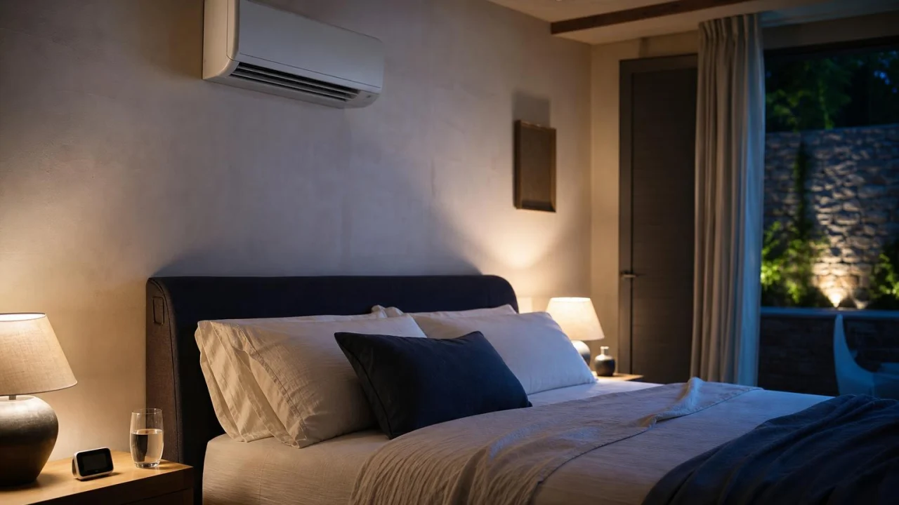 Camera da letto estiva ordinata con condizionatore a parete, lenzuola leggere, bicchiere d'acqua e piccolo igrometro sul comodino.