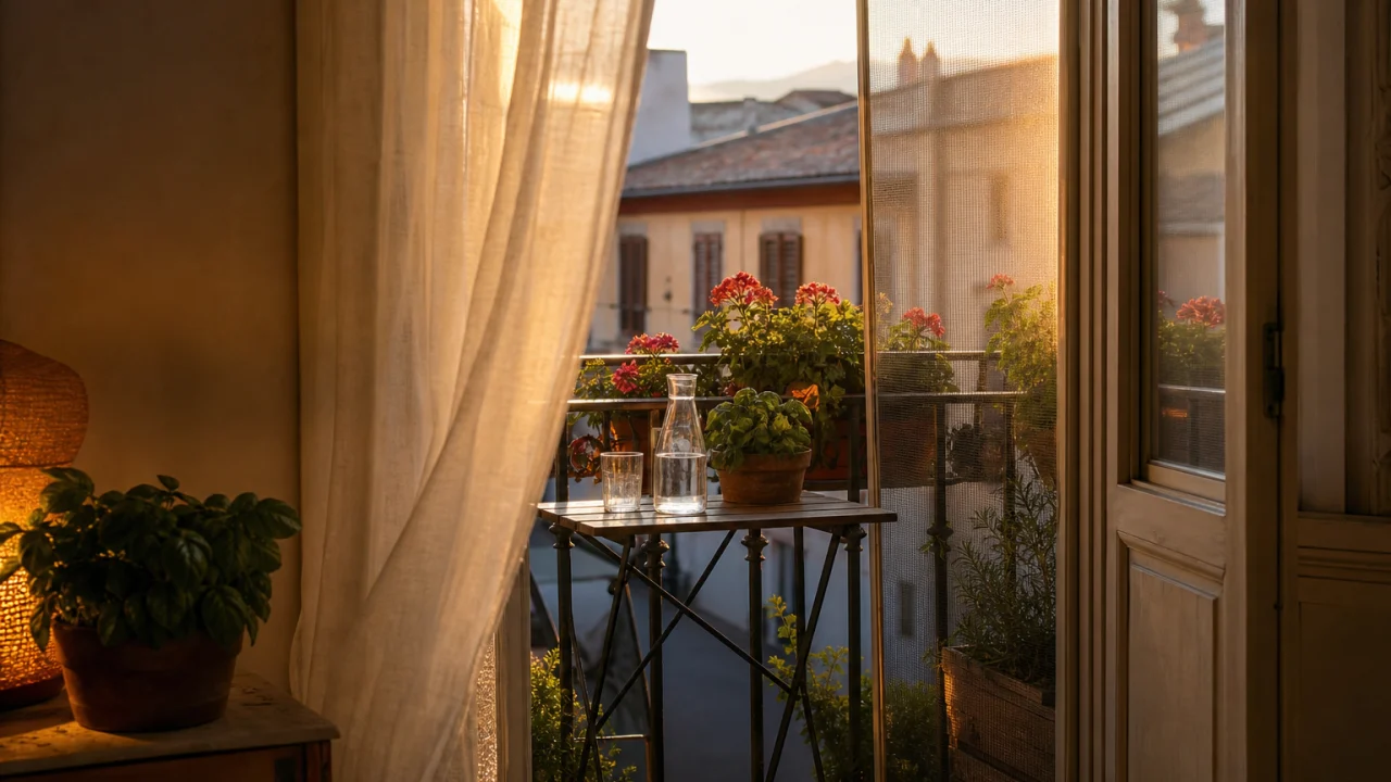Balcone estivo al tramonto con tavolino, piante, tenda leggera e luce calda schermata.