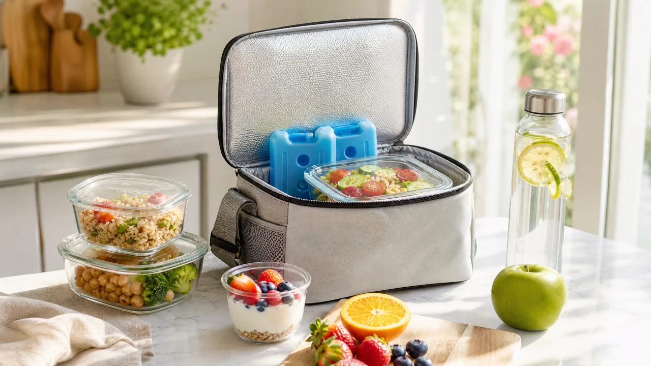 Borsa frigo aperta su un tavolo luminoso con contenitori chiusi, frutta, ghiaccioli gel e bottiglia d'acqua.