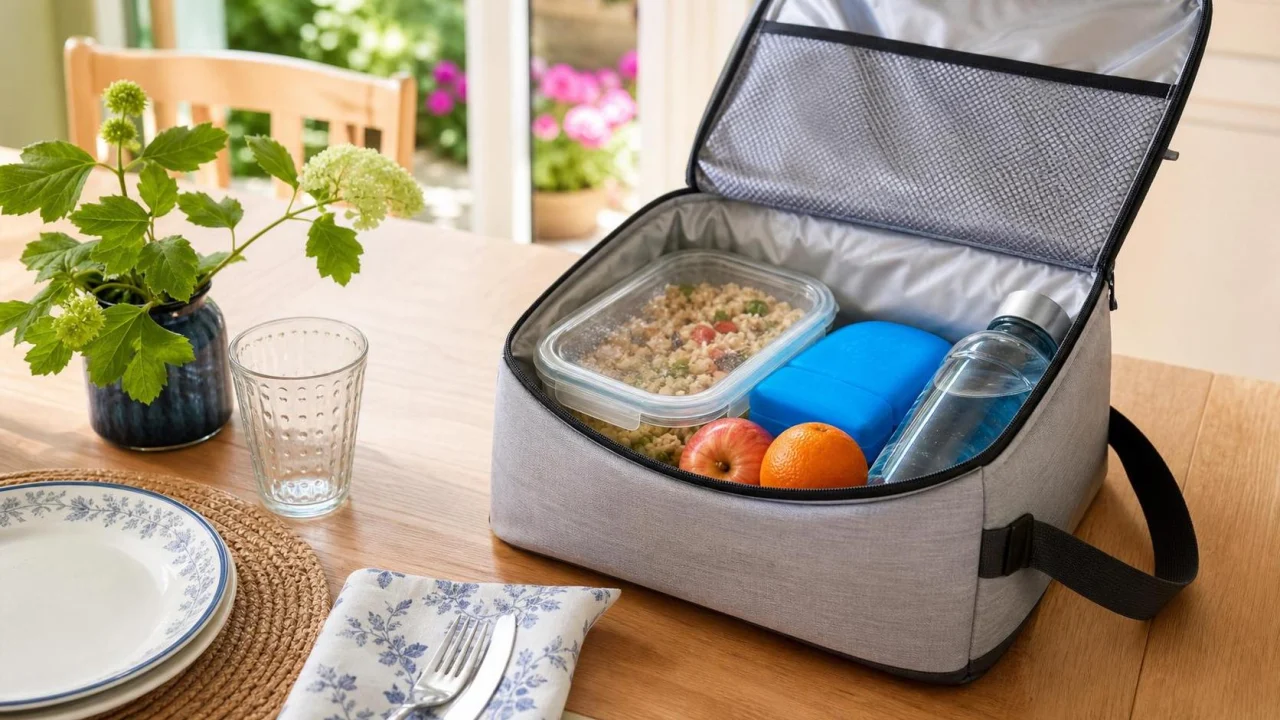 Borsa frigo aperta con contenitori per il pranzo, frutta, acqua e ghiaccioli riutilizzabili su un tavolo estivo.