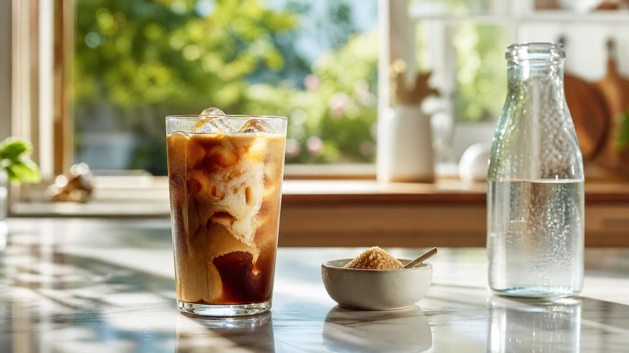 Bicchiere di caffè freddo con ghiaccio, cucchiaino e piccola ciotola di zucchero su un tavolo luminoso.