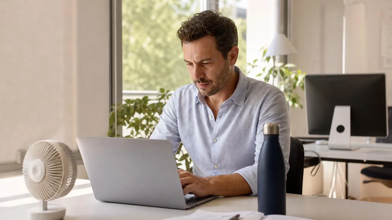 Persona al computer in un ufficio estivo con ventilatore da tavolo e borraccia d'acqua.