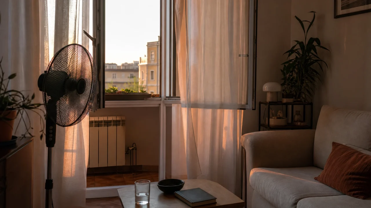 Soggiorno al tramonto con finestra aperta, tende leggere, ventilatore e bicchiere d'acqua.