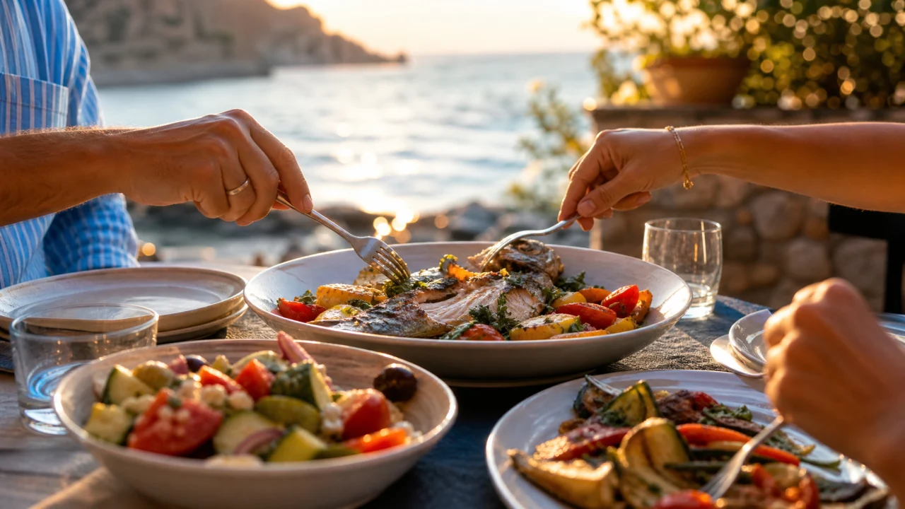 Tavolo all'aperto al tramonto con piatti estivi, verdure, pesce e bicchieri d'acqua.
