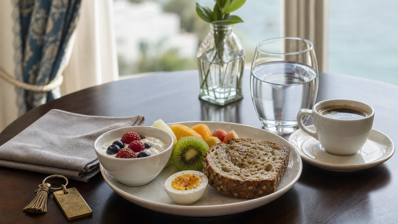 Tavolo da colazione in hotel con yogurt, frutta, pane integrale, uova, caffè e luce naturale dalla finestra.