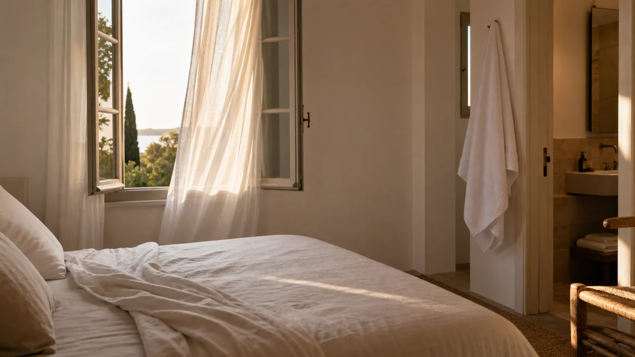 Camera da letto estiva con finestra aperta, lenzuola leggere e bagno illuminato sullo sfondo.