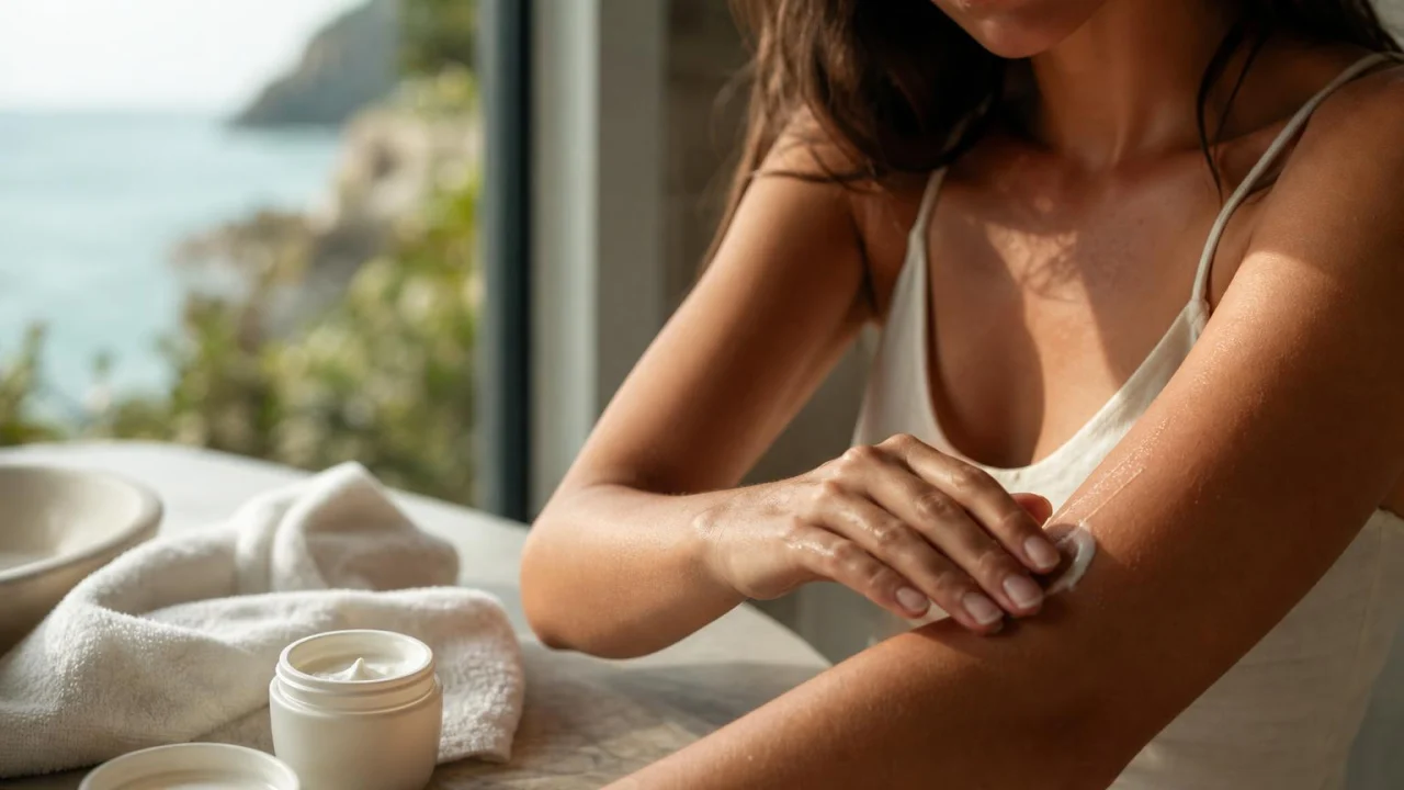 Persona che applica una crema idratante sul braccio in una stanza luminosa dopo una giornata al sole.