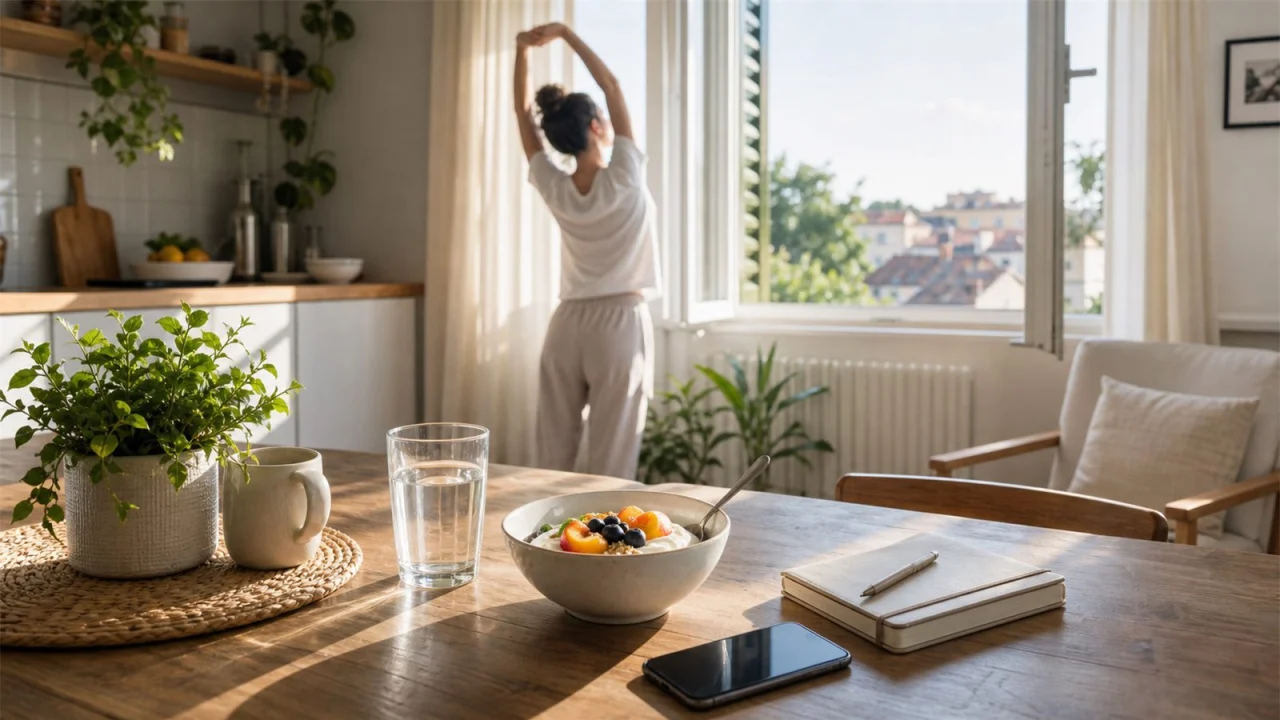 Persona che si allunga vicino alla finestra con acqua, yogurt e planner sul tavolo al mattino.