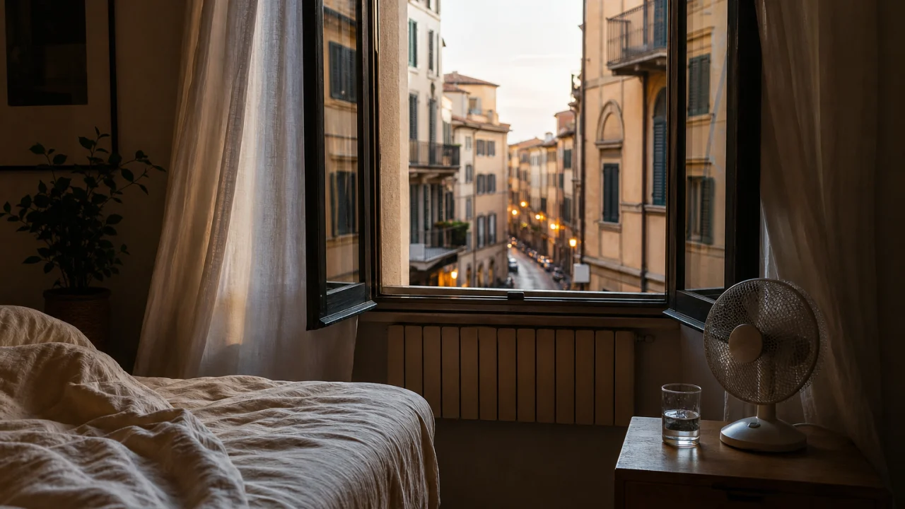 Camera da letto estiva con finestra aperta verso una strada illuminata e piccolo ventilatore sul comodino.