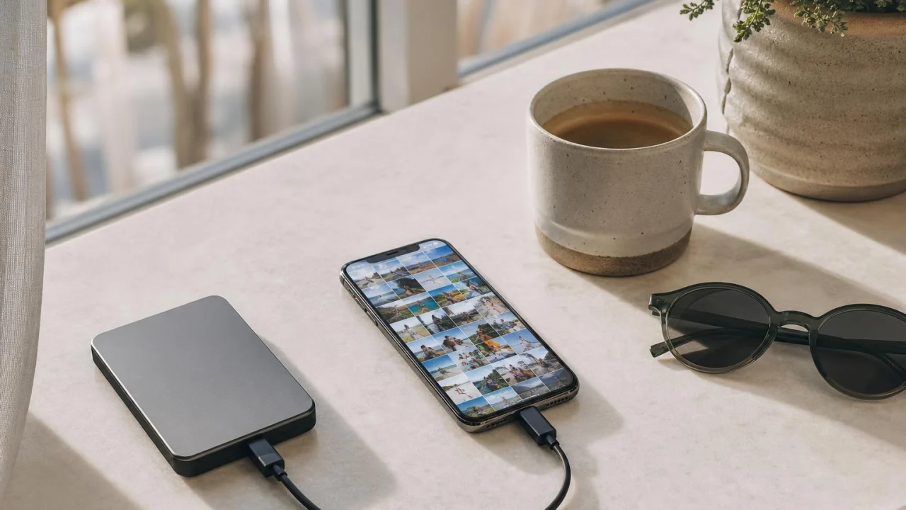 Smartphone, SSD esterno e accessori da viaggio su un tavolo luminoso.