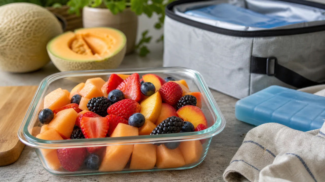 Contenitore di vetro con frutta tagliata fresca e borsa frigo in cucina.