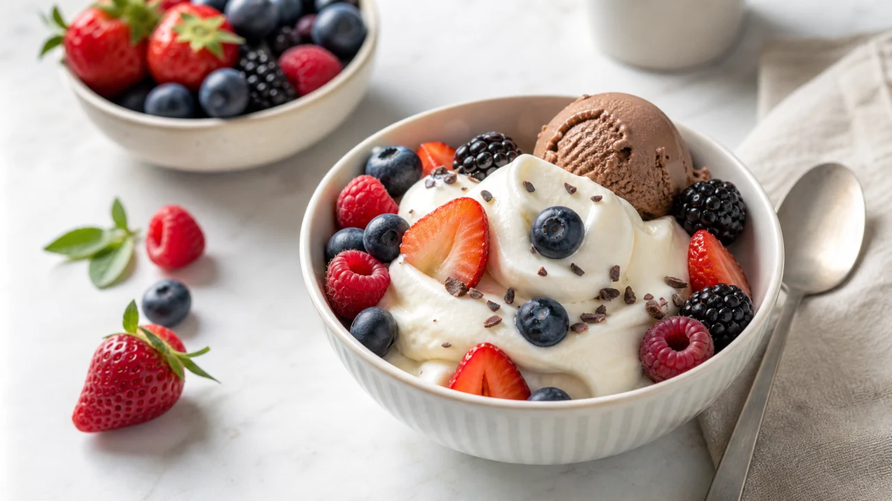 Ciotola di yogurt frozen alla vaniglia con frutti di bosco e piccola pallina di gelato proteico al cioccolato su un piano cucina luminoso.