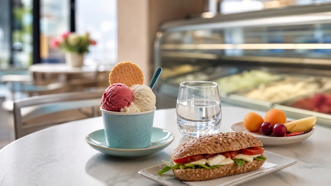 Coppetta di gelato artigianale con bicchiere d'acqua, frutta fresca e piccolo panino integrale su tavolino estivo.