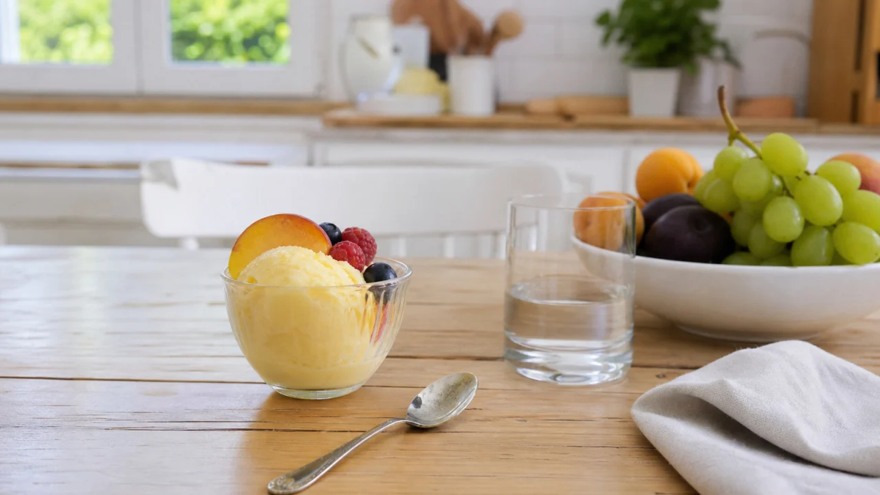 Coppetta piccola di gelato con frutta e bicchiere d acqua su un tavolo luminoso estivo.