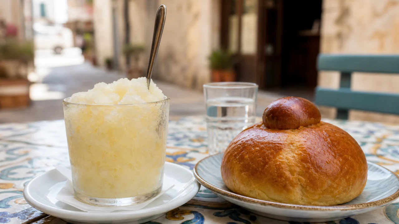 Granita al limone con brioche su un tavolino da bar illuminato dalla luce del mattino.