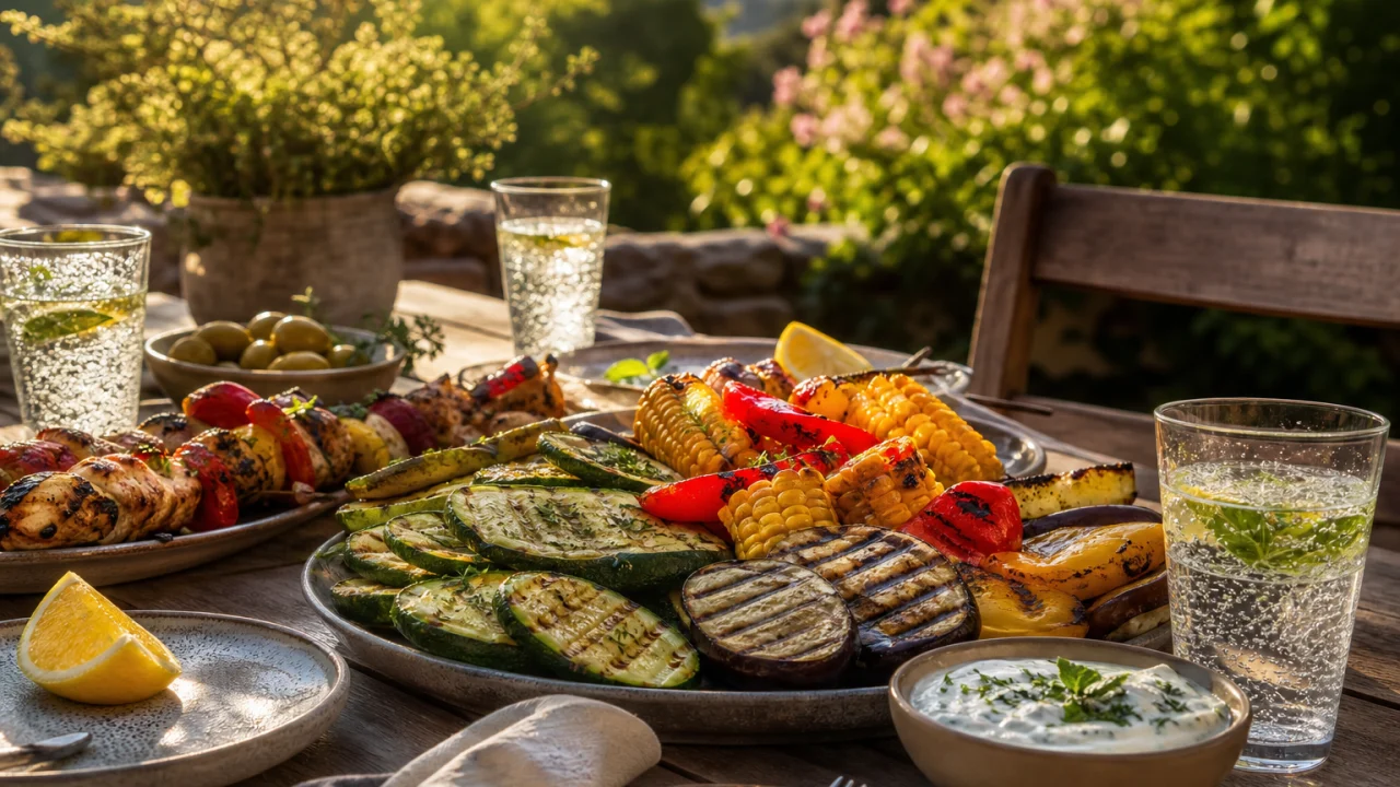 Tavolo estivo all'aperto con verdure grigliate, spiedini, salse fresche e acqua.