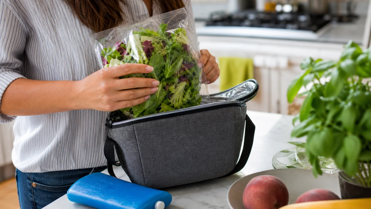 Persona che sistema una busta di insalata pronta in una borsa termica su un piano cucina luminoso.