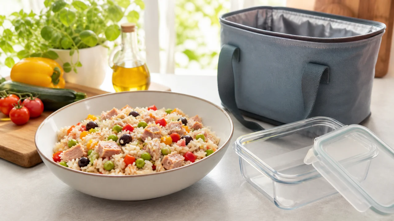 Ciotola di insalata di riso estiva con contenitore ermetico e borsa frigo su un piano chiaro.