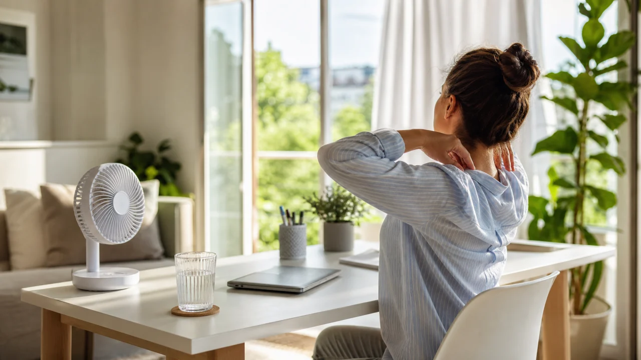 Persona seduta di lato a una scrivania luminosa con piccolo ventilatore, bicchiere d'acqua e tende chiare in una stanza estiva.