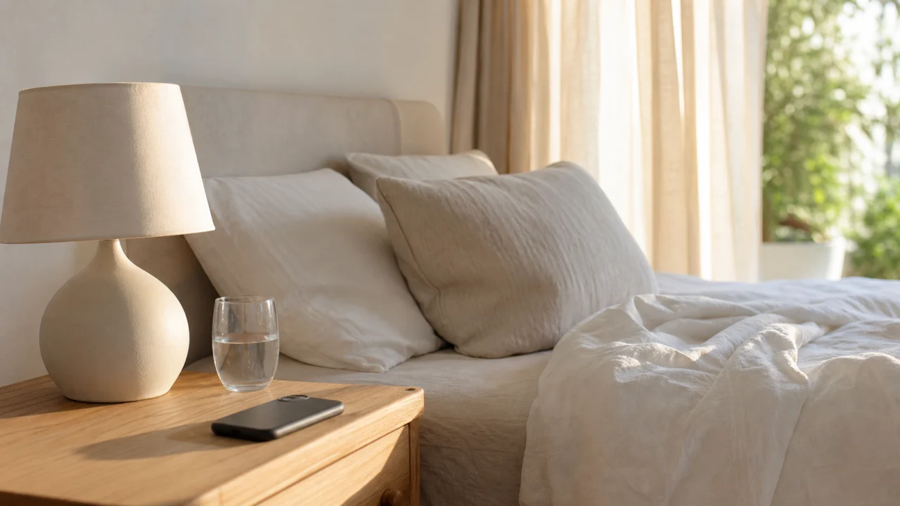 Camera estiva luminosa con smartphone appoggiato sul comodino.