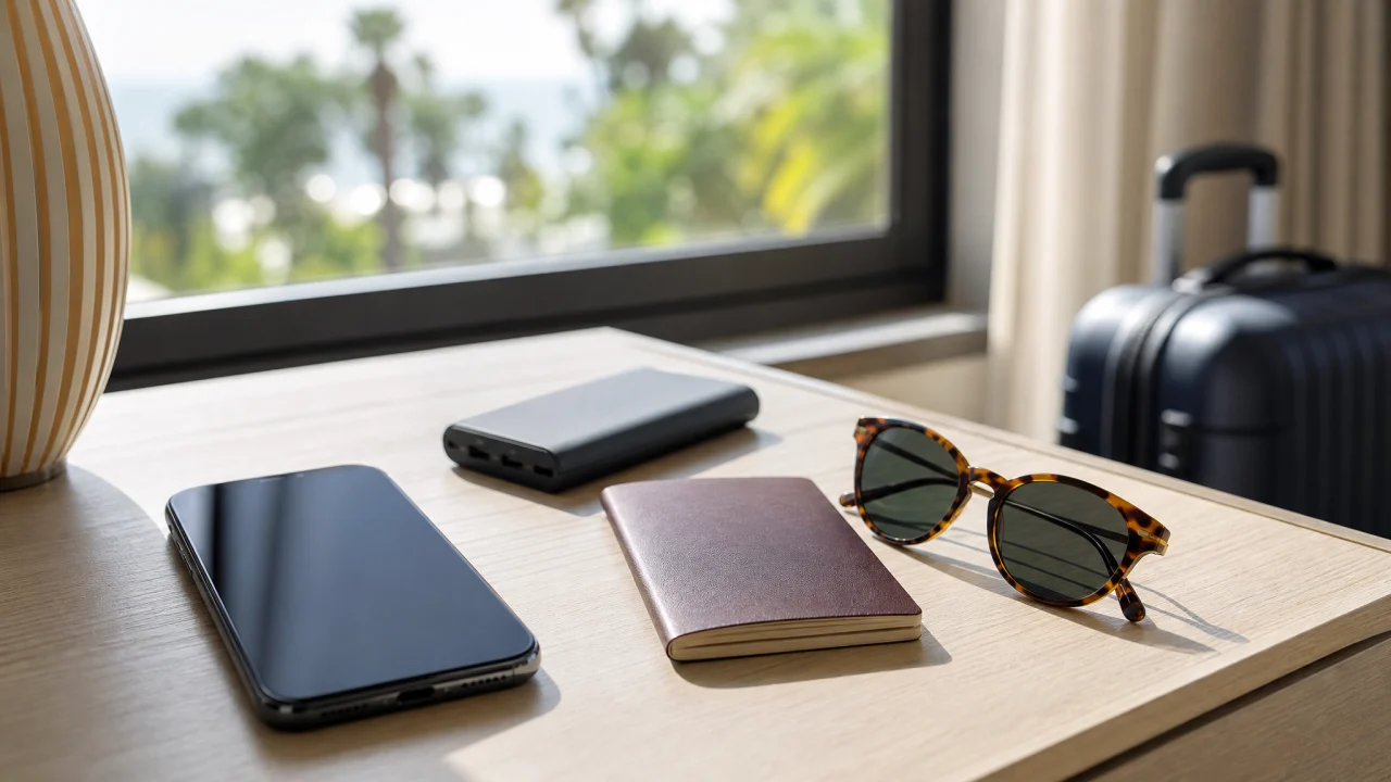 Smartphone su un tavolo accanto a passaporto, occhiali da sole, power bank e valigia sfocata in luce naturale.