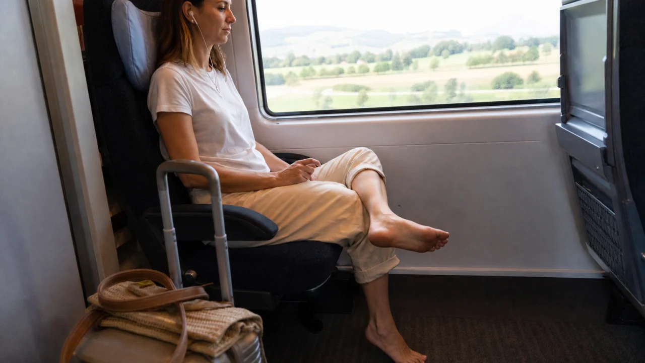 Viaggiatore seduto in treno muove una caviglia accanto al trolley.